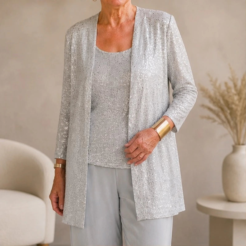 Octavia Sequined Wide-Leg Pant Set - Silver - Women's Clothing > Matching Sets > Three-Piece Pant Sets - Brondals - Image 1