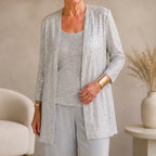 Octavia Sequined Wide-Leg Pant Set - Silver - Women's Clothing > Matching Sets > Three-Piece Pant Sets - Brondals - Image 1