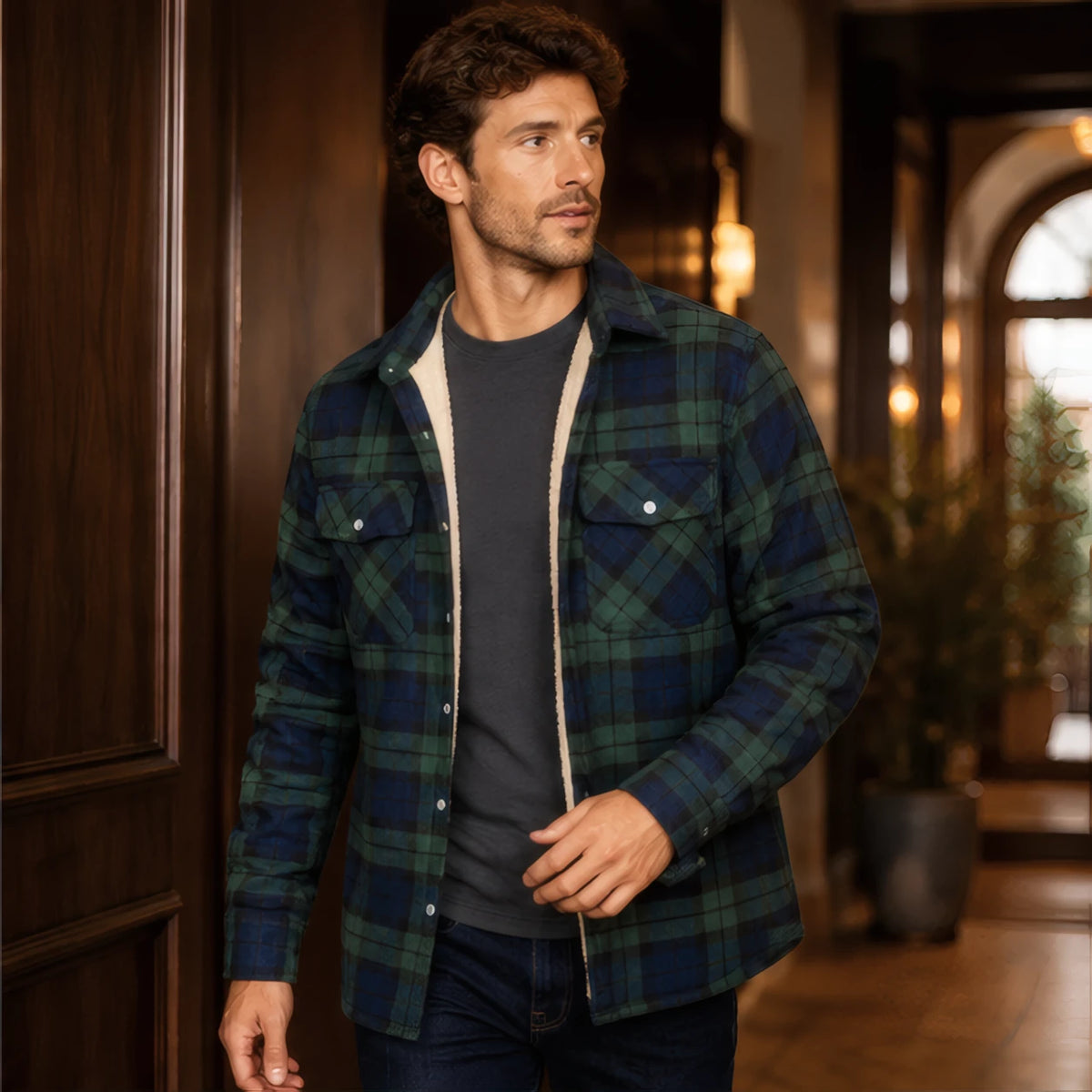 Oscar Sherpa-Lined Check Jacket - Green - Catalog Group: Clothing - Brondals - Image 2