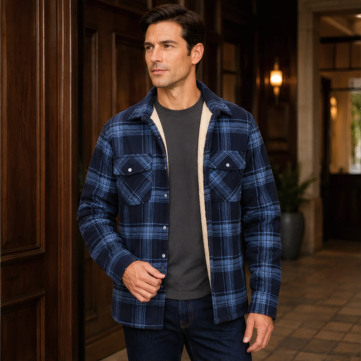 Oscar Sherpa-Lined Check Jacket - Navy Blue - Men's Clothing > Outerwear > Sherpa-Lined Check Jackets - Brondals - Image 1