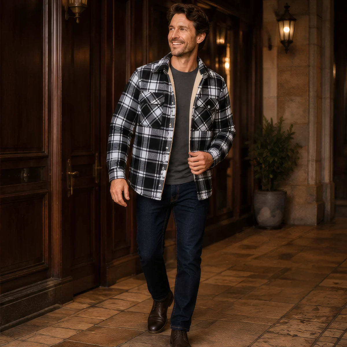 Oscar Sherpa-Lined Check Jacket - Black - Catalog Group: Clothing - Brondals - Image 2