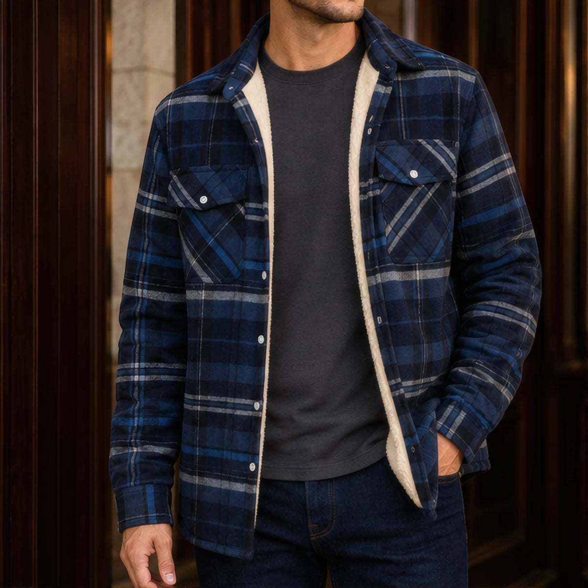 Oscar Sherpa-Lined Check Jacket - Blue Gray - Men's Clothing > Outerwear > Sherpa-Lined Check Jackets - Brondals - Image 1