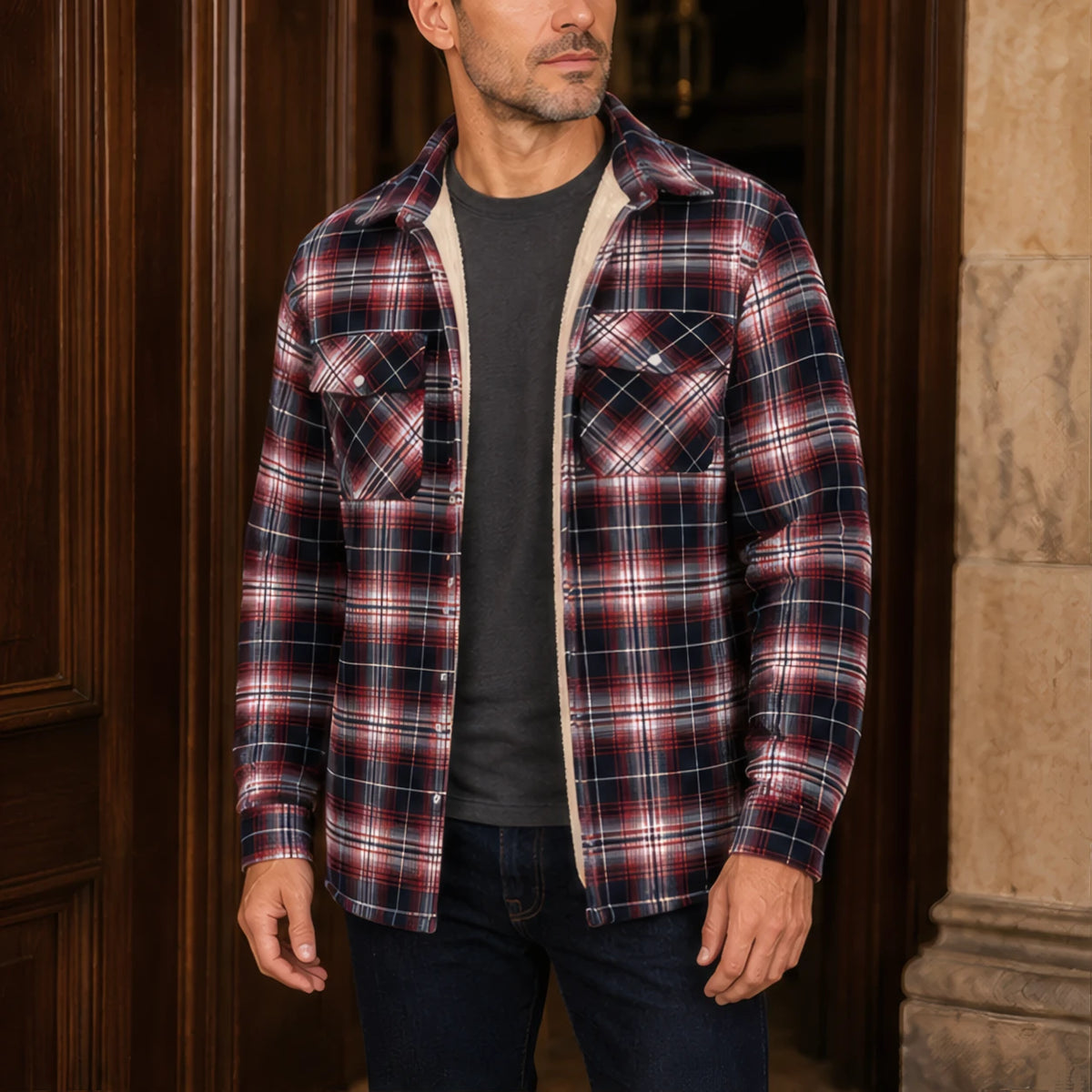Oscar Sherpa-Lined Check Jacket - Red - Men's Clothing > Outerwear > Sherpa-Lined Check Jackets - Brondals - Image 1