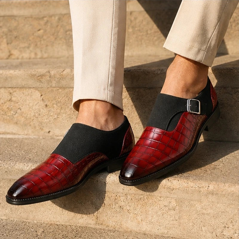 Paxton Croc-Embossed Leather Monk Strap Loafers - Burgundy - Shoes - Brondals - Image 3