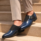 Paxton Croc-Embossed Leather Monk Strap Loafers - Navy - Shoes - Brondals - Image 3