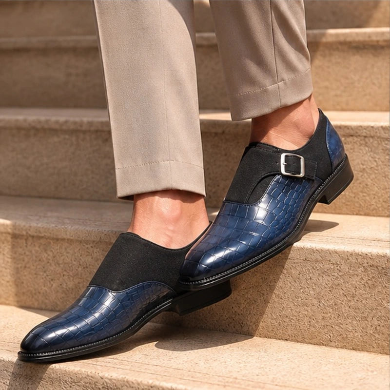 Paxton Croc-Embossed Leather Monk Strap Loafers - Navy - Shoes - Brondals - Image 3