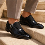 Paxton Croc-Embossed Leather Monk Strap Loafers - Black - Shoes - Brondals - Image 3