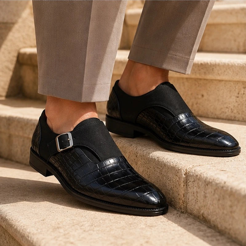 Paxton Croc-Embossed Leather Monk Strap Loafers - Black - Shoes - Brondals - Image 3
