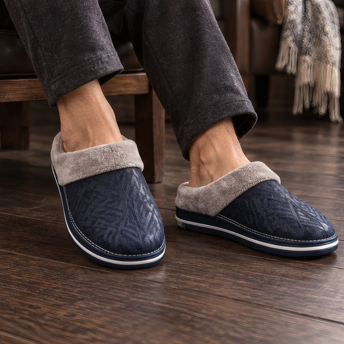 Peregrine Home Men's Leather Cushioned Slippers - Navy - mens shoes - Brondals - Image 2