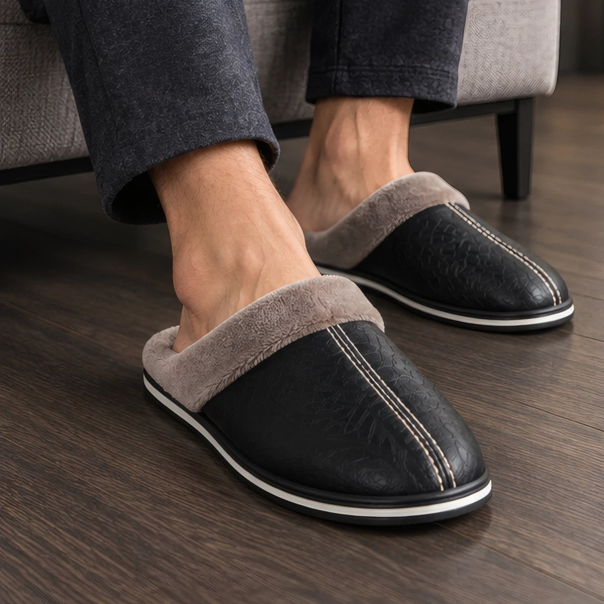 Peregrine Home Men's Leather Cushioned Slippers - Black - mens shoes - Brondals - Image 2