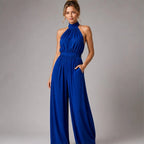 Perrine Pocketed Halter Wide-Leg Jumpsuit - Blue - Women's Clothing > Jumpsuits > Halter Wide-Leg Jumpsuits - Brondals - Image 1