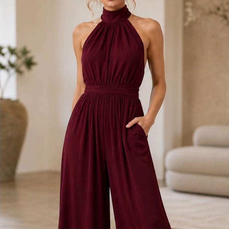 Perrine Pocketed Halter Wide-Leg Jumpsuit - Red - Women's Clothing > Jumpsuits > Halter Wide-Leg Jumpsuits - Brondals - Image 1