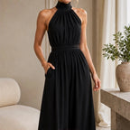Perrine Pocketed Halter Wide-Leg Jumpsuit - Black - Women's Clothing > Jumpsuits > Halter Wide-Leg Jumpsuits - Brondals - Image 1