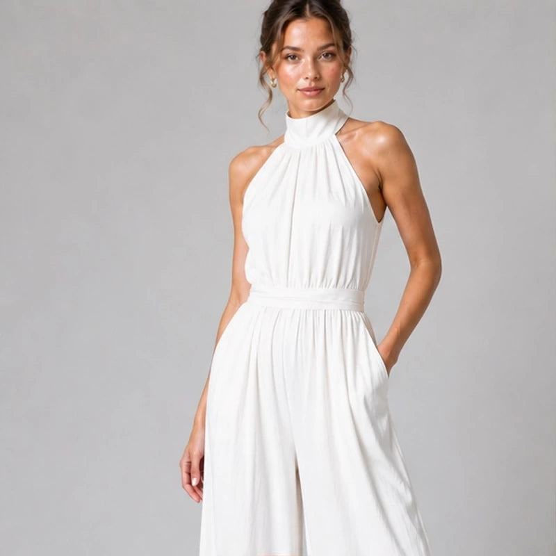 Perrine Pocketed Halter Wide-Leg Jumpsuit - White - Women's Clothing > Jumpsuits > Halter Wide-Leg Jumpsuits - Brondals - Image 1