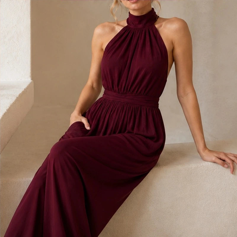 Perrine Pocketed Halter Wide-Leg Jumpsuit - Red - Women's Jumpsuit - Brondals - Image 3