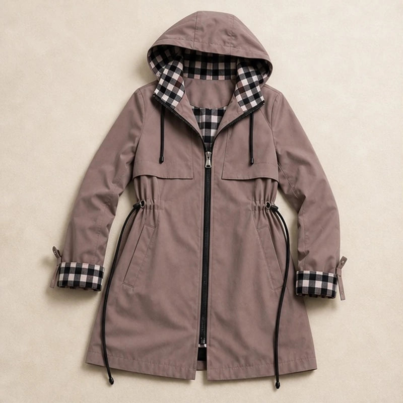 Pia Plaid-Lined Hooded Long Jacket - Brown - Women's Outerwear > Long Hooded Jackets - Brondals - Image 1