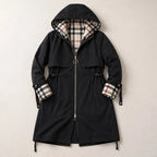 Pia Plaid-Lined Hooded Long Jacket - Black - Women's Outerwear > Long Hooded Jackets - Brondals - Image 1