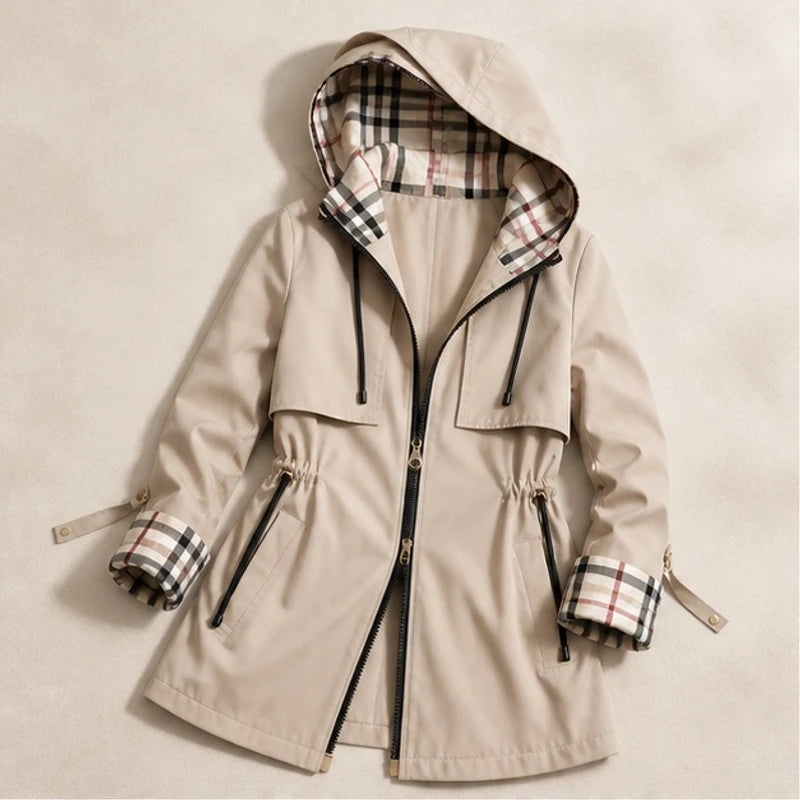 Pia Plaid-Lined Hooded Long Jacket - Khaki - Women's Outerwear > Long Hooded Jackets - Brondals - Image 1