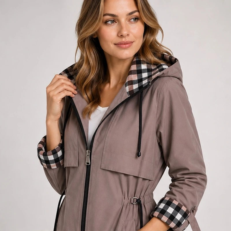 Pia Plaid-Lined Hooded Long Jacket - Brown - Women's - Brondals - Image 2