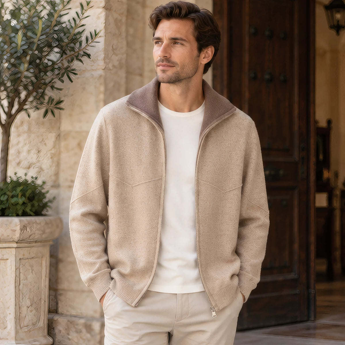 Pierce Cashmere Zip Cardigan - Beige - Clothing > Knitwear > Zip Cardigans - Brondals - Image 1
