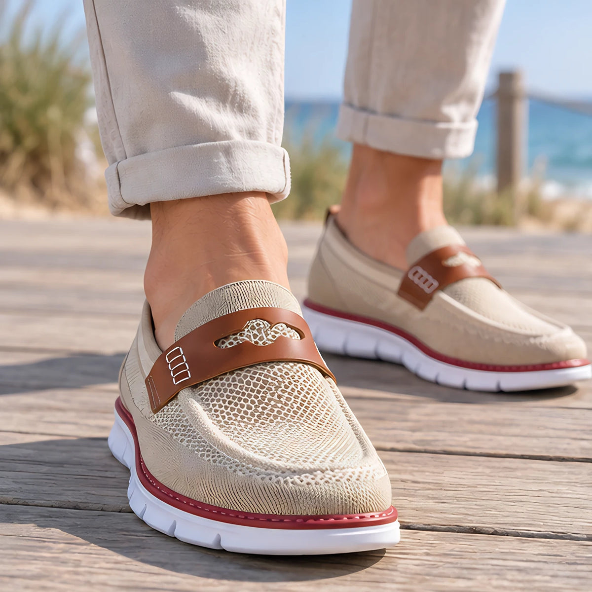 Prentice Men's Mesh Penny Loafers - Khaki - Footwear > Loafers > Penny Loafers - Brondals - Image 1