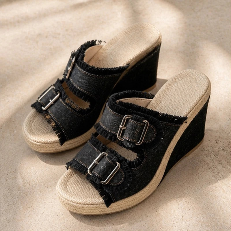 Romy Denim Wedge Sandals - Black - Footwear > Sandals > Espadrille Wedge Sandals - Brondals - Image 1