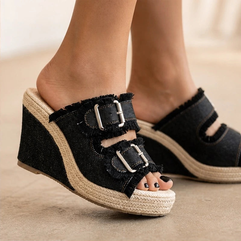 Romy Denim Wedge Sandals - Black - footwear - Brondals - Image 3