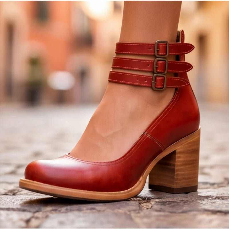 Marianna Leather Strap Heels - Red - block heel - Brondals - Image 5