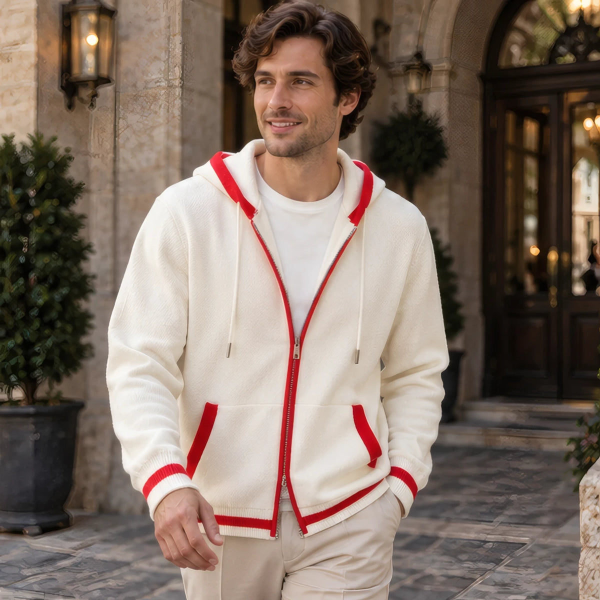 Silas Cashmere Zip Hoodie - White/Red - Clothing > Sweaters & Cardigans > Full-Zip Hoodies - Brondals - Image 2