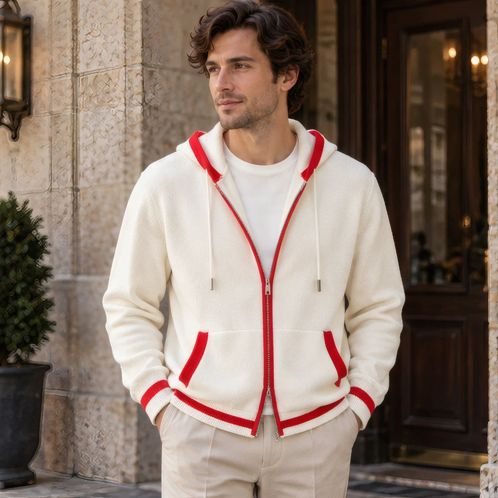 Silas Cashmere Zip Hoodie - White/Red - Clothing > Sweaters & Cardigans > Full-Zip Hoodies - Brondals - Image 1