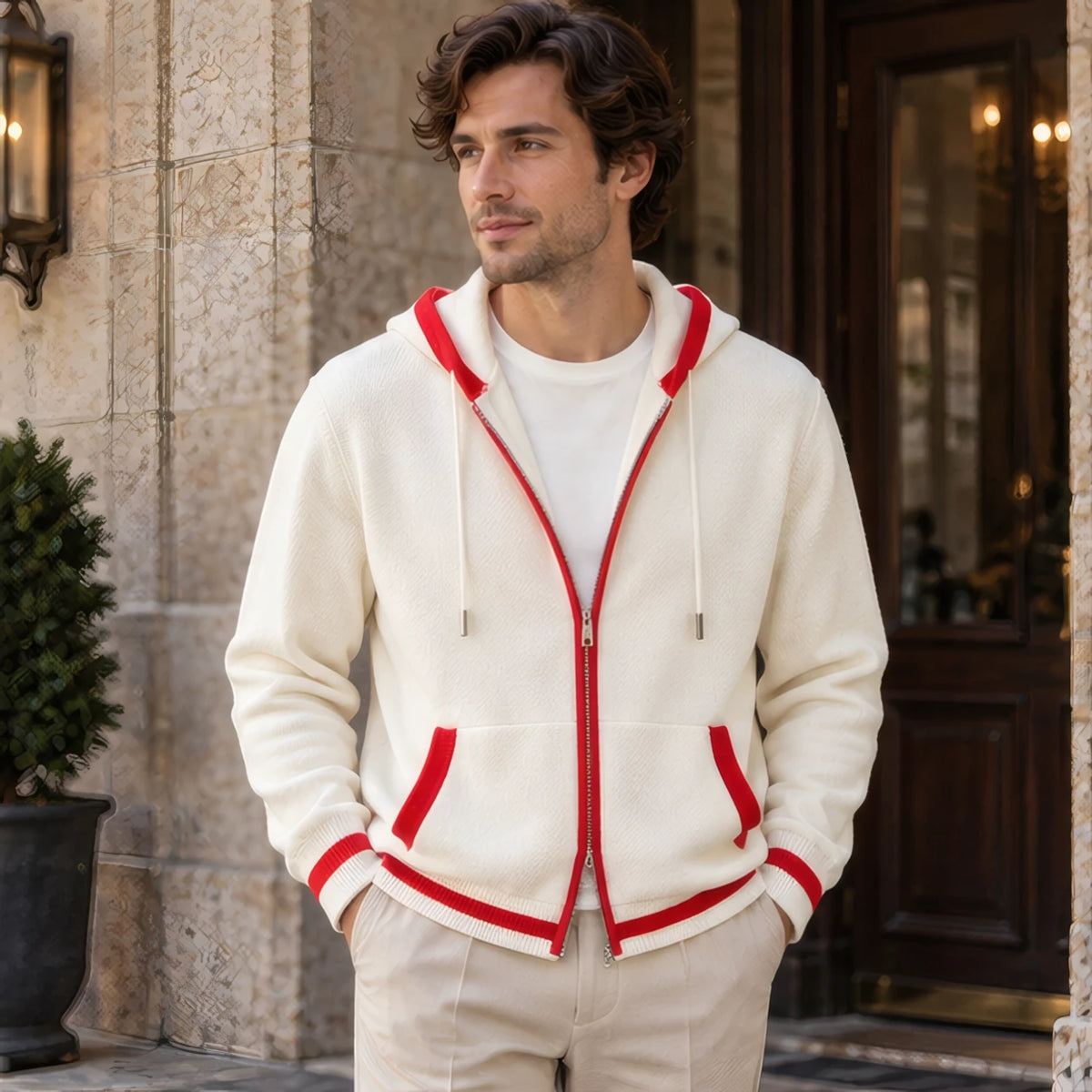 Silas Cashmere Zip Hoodie - White/Red - Clothing > Sweaters & Cardigans > Full-Zip Hoodies - Brondals - Image 1