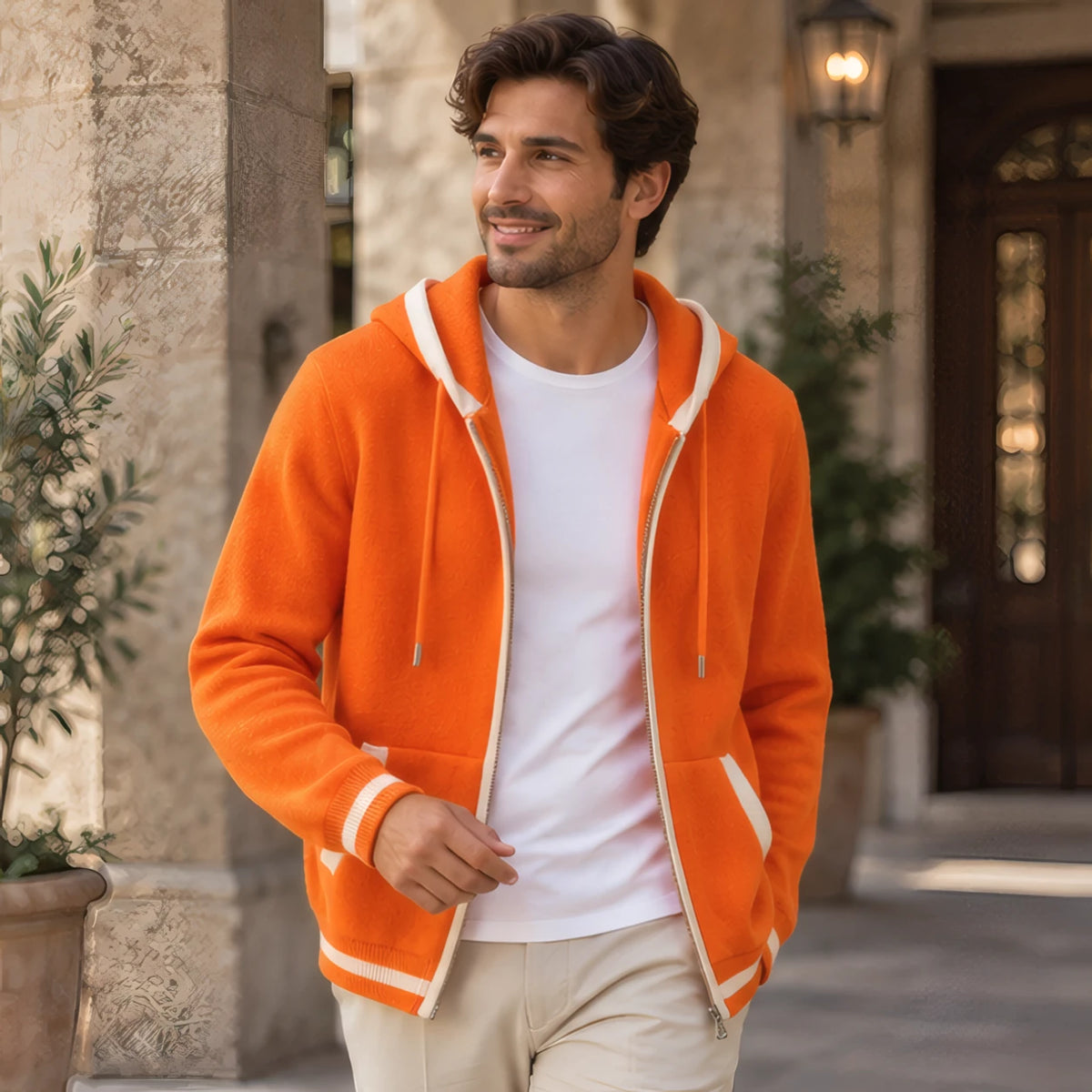 Silas Cashmere Zip Hoodie - Orange/White - Clothing > Sweaters & Cardigans > Full-Zip Hoodies - Brondals - Image 2