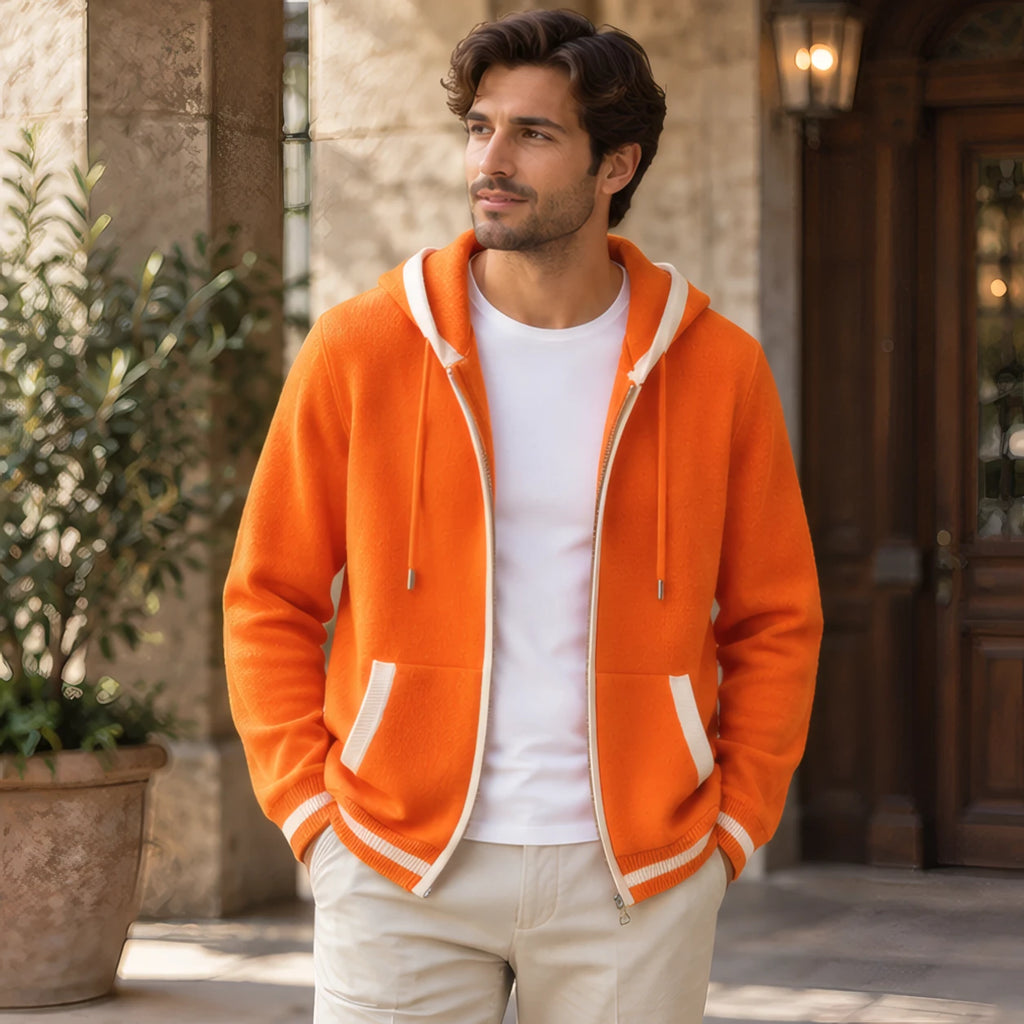 Silas Cashmere Zip Hoodie - Orange/White - Clothing > Sweaters & Cardigans > Full-Zip Hoodies - Brondals - Image 1