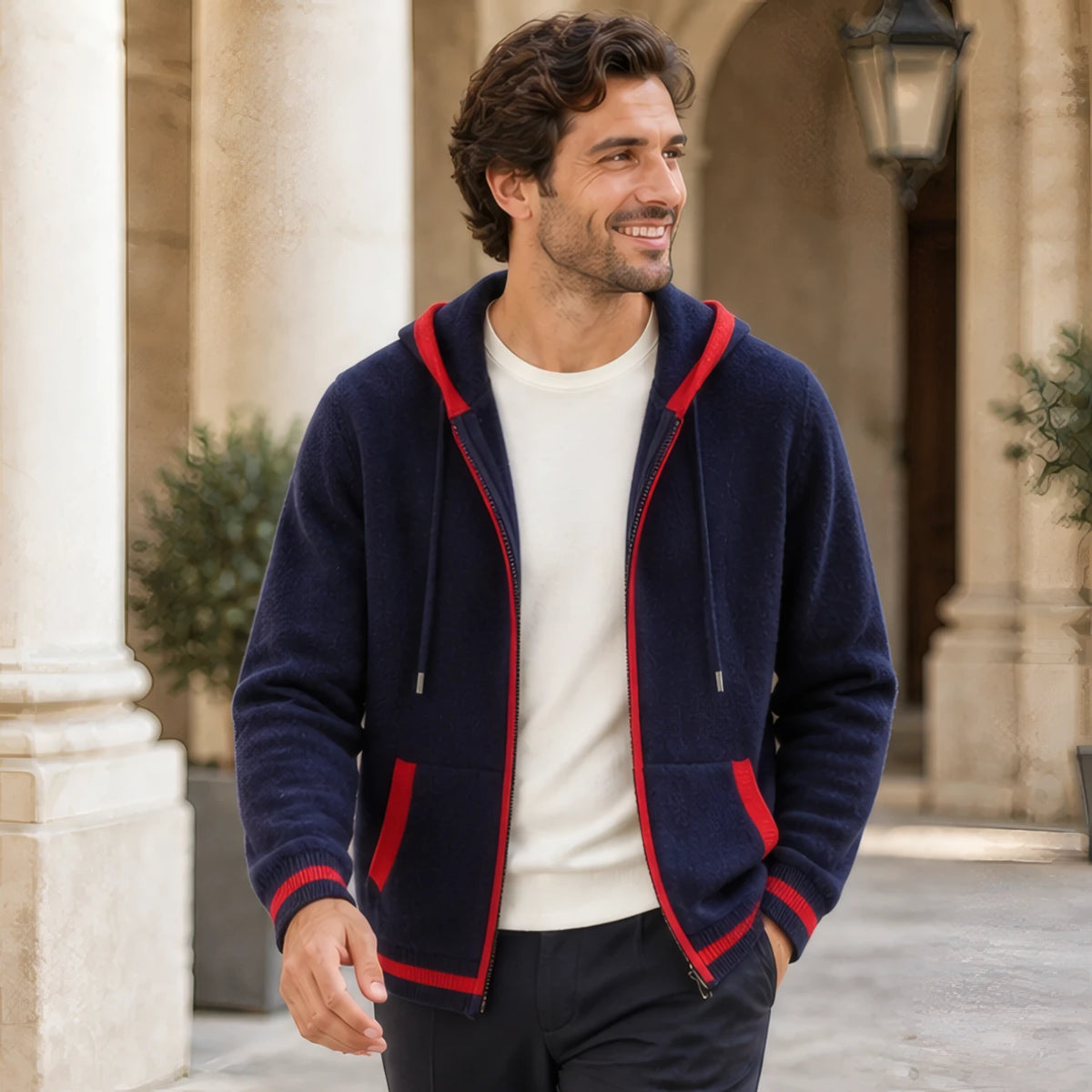 Silas Cashmere Zip Hoodie - Blue/Red - Clothing > Sweaters & Cardigans > Full-Zip Hoodies - Brondals - Image 2