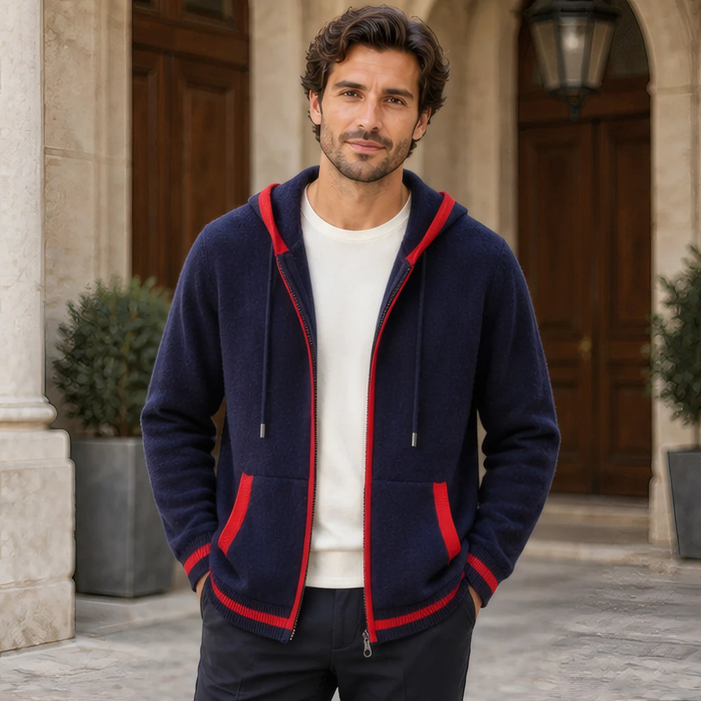 Silas Cashmere Zip Hoodie - Blue/Red - Clothing > Sweaters & Cardigans > Full-Zip Hoodies - Brondals - Image 1