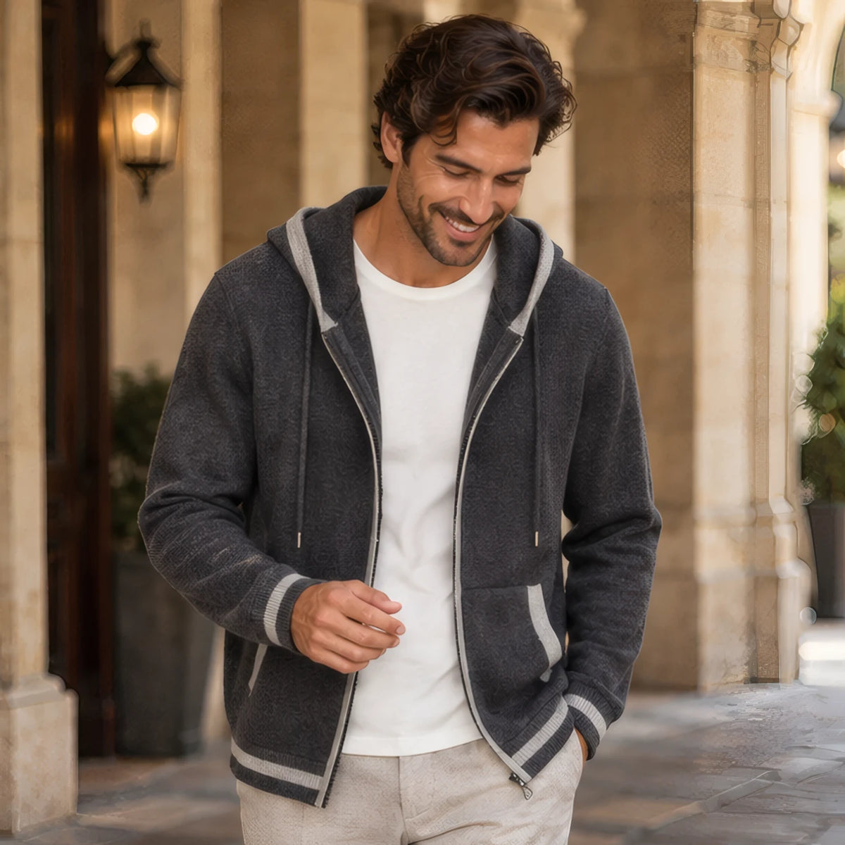Silas Cashmere Zip Hoodie - Dark Gray/White - Clothing > Sweaters & Cardigans > Full-Zip Hoodies - Brondals - Image 2