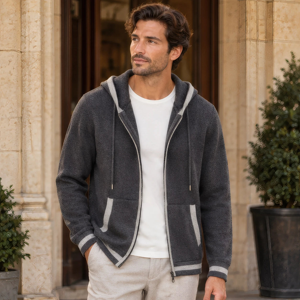 Silas Cashmere Zip Hoodie - Dark Gray/White - Clothing > Sweaters & Cardigans > Full-Zip Hoodies - Brondals - Image 1
