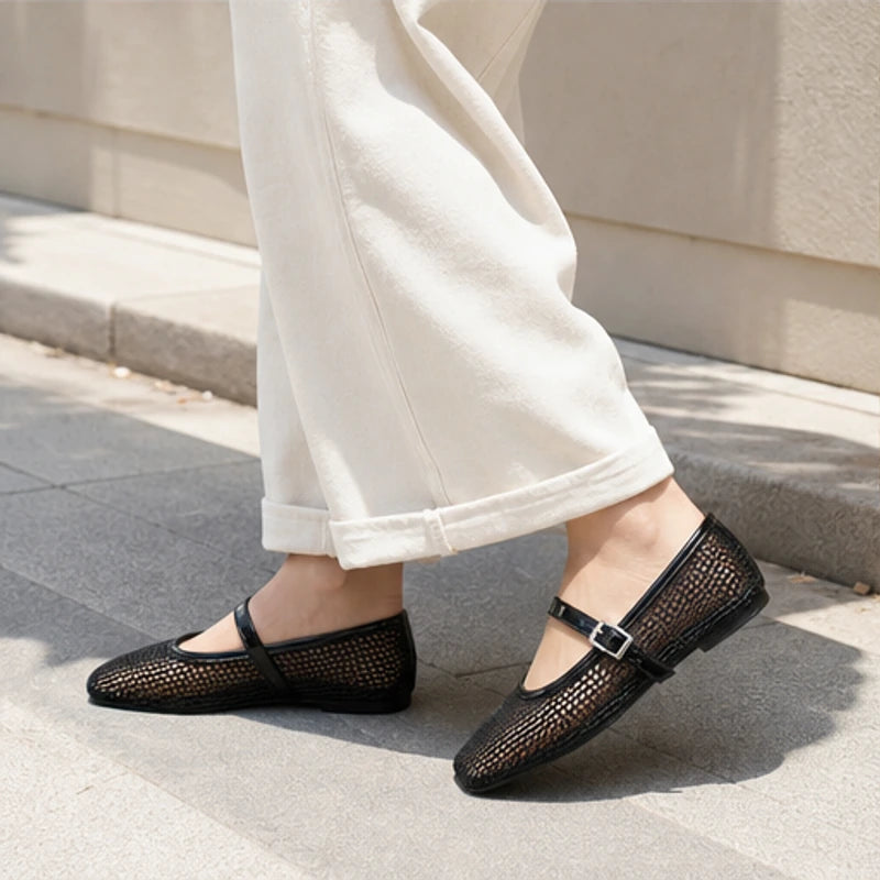 Solene Mesh Mary Jane Flat - Black - square toe - Brondals - Image 5