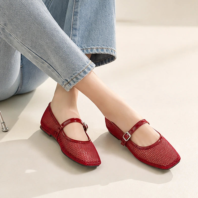 Solene Mesh Mary Jane Flat - Red - square toe - Brondals - Image 5