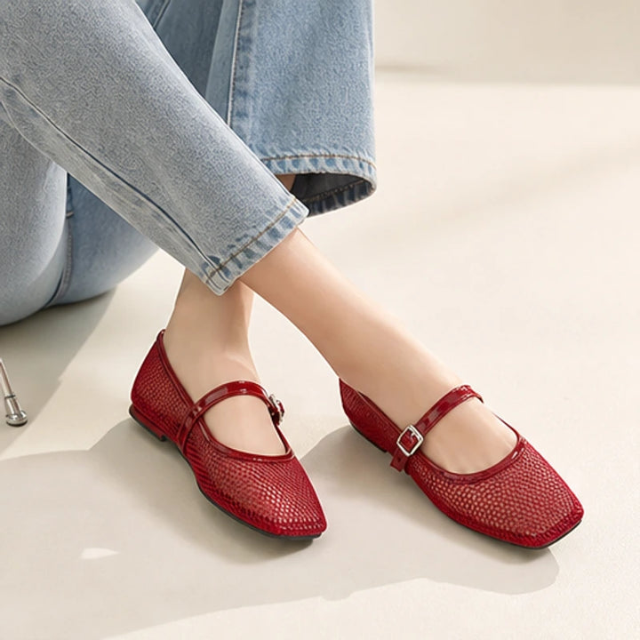 Solene Mesh Mary Jane Flat - Red - square toe - Brondals - Image 5