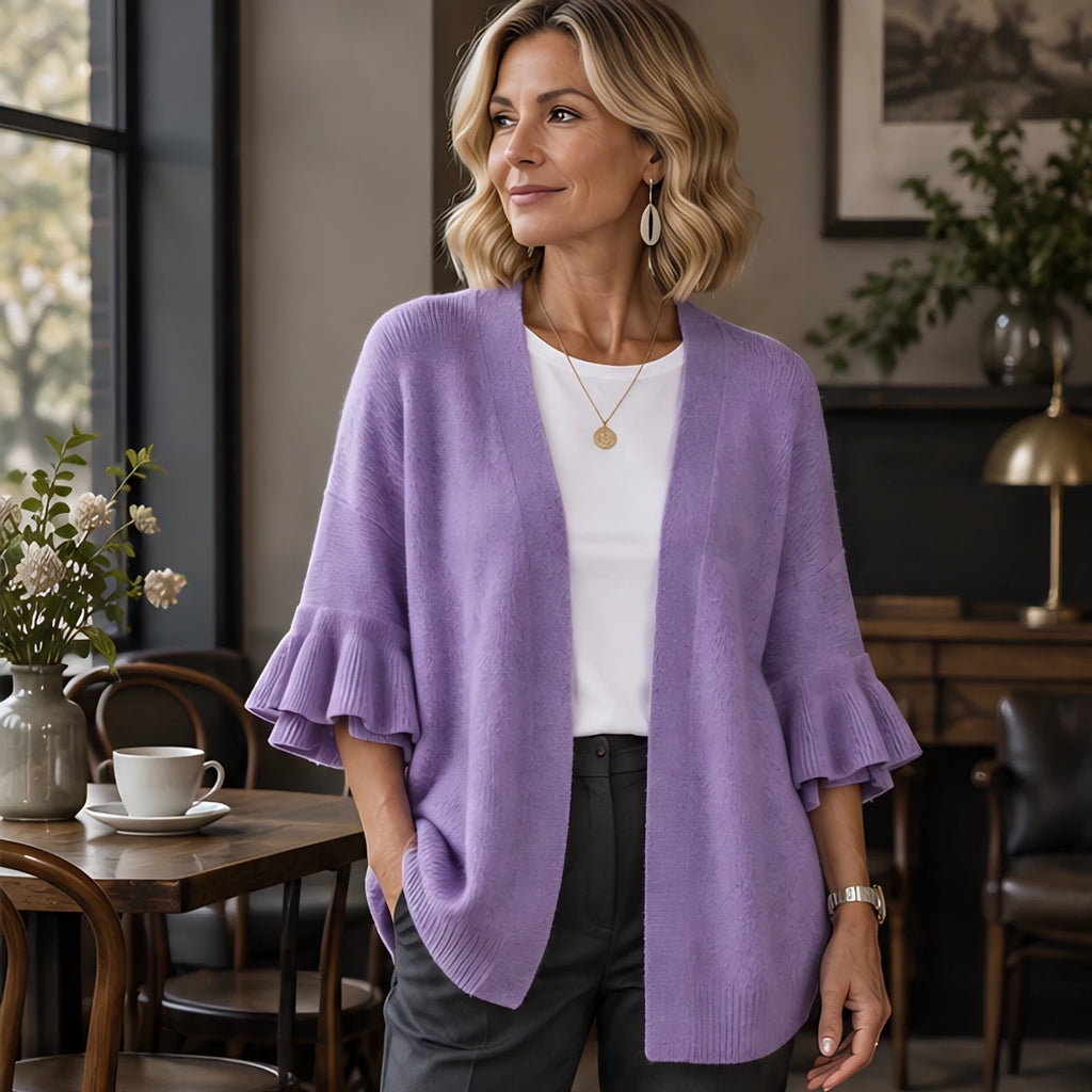 Susanna Women's Ruffle-Cuff Three-Quarter Sleeve Cardigan - Purple - Women's Clothing > Sweaters & Cardigans > Cardigans - Brondals - Image 1