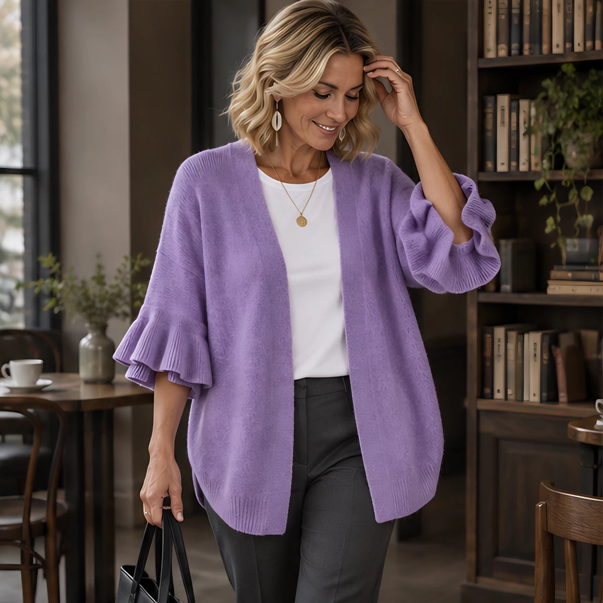 Susanna Women's Ruffle-Cuff Three-Quarter Sleeve Cardigan - Purple - 23 sept - Brondals - Image 2