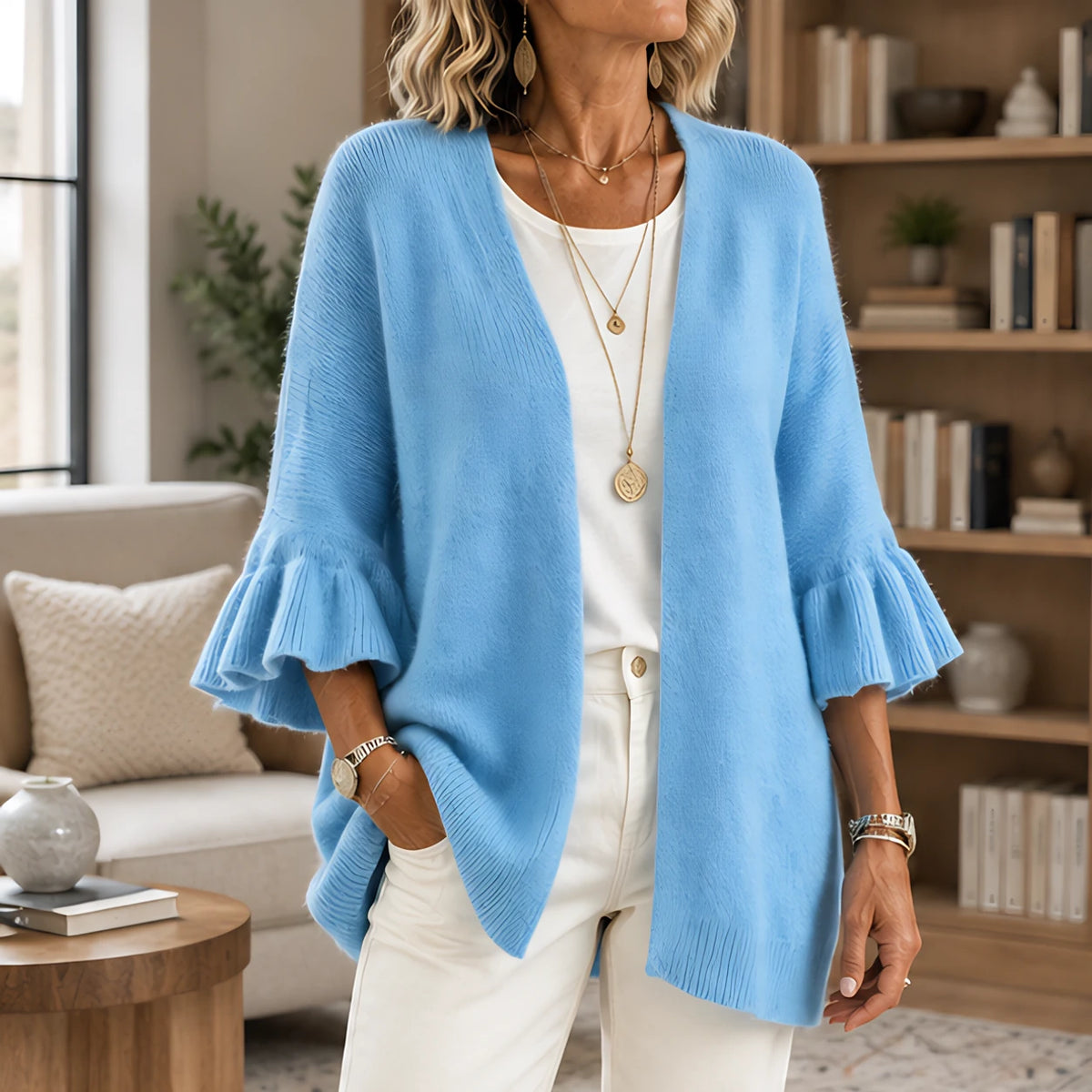 Susanna Women's Ruffle-Cuff Three-Quarter Sleeve Cardigan - Blue - Women's Clothing > Sweaters & Cardigans > Cardigans - Brondals - Image 1