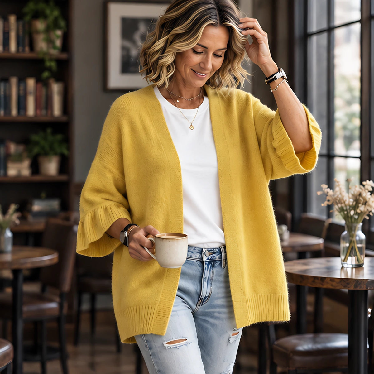 Susanna Women's Ruffle-Cuff Three-Quarter Sleeve Cardigan - Yellow - 23 sept - Brondals - Image 2