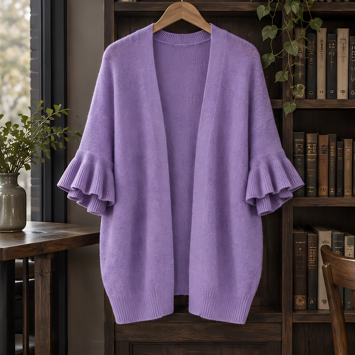 Susanna Women's Ruffle-Cuff Three-Quarter Sleeve Cardigan - Purple - ai-processed - Brondals - Image 3