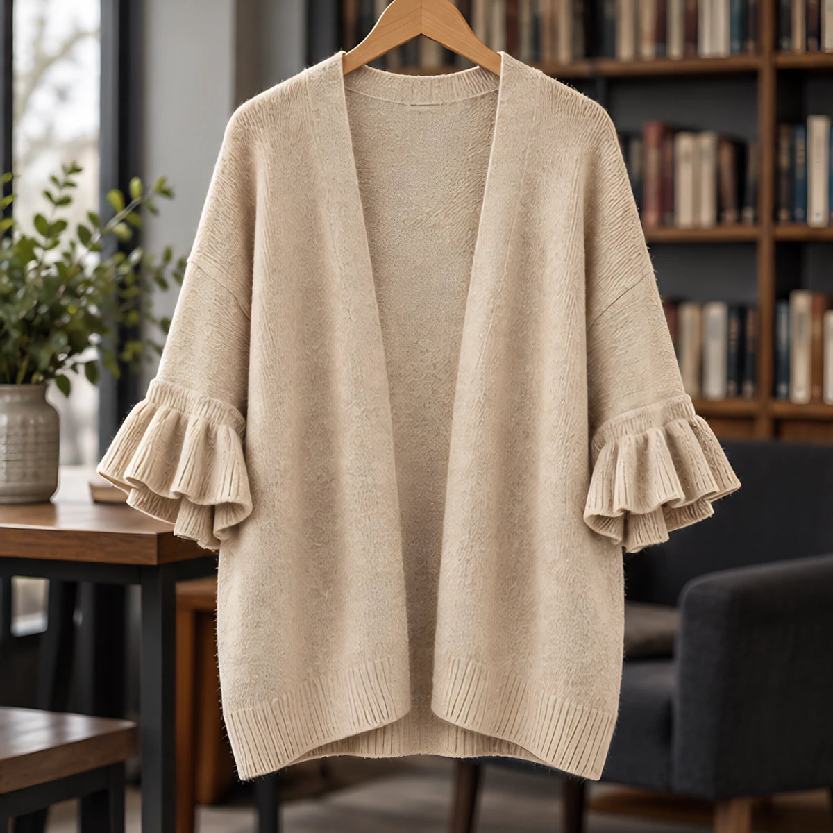 Susanna Women's Ruffle-Cuff Three-Quarter Sleeve Cardigan - Khaki - ai-processed - Brondals - Image 3