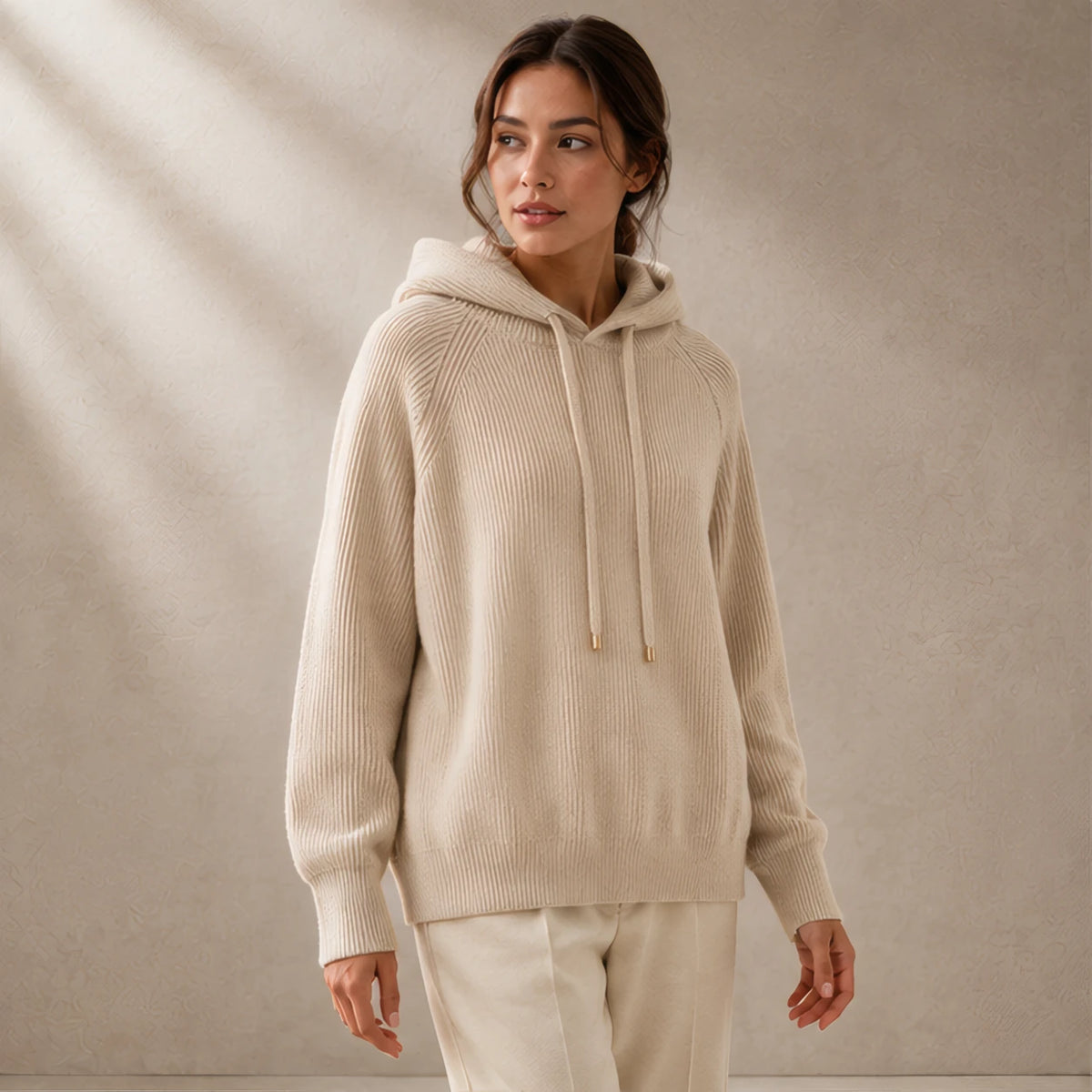 Tamara Rib Knit Hoodie - Beige - Clothing > Knitwear > Hooded Sweaters - Brondals - Image 1