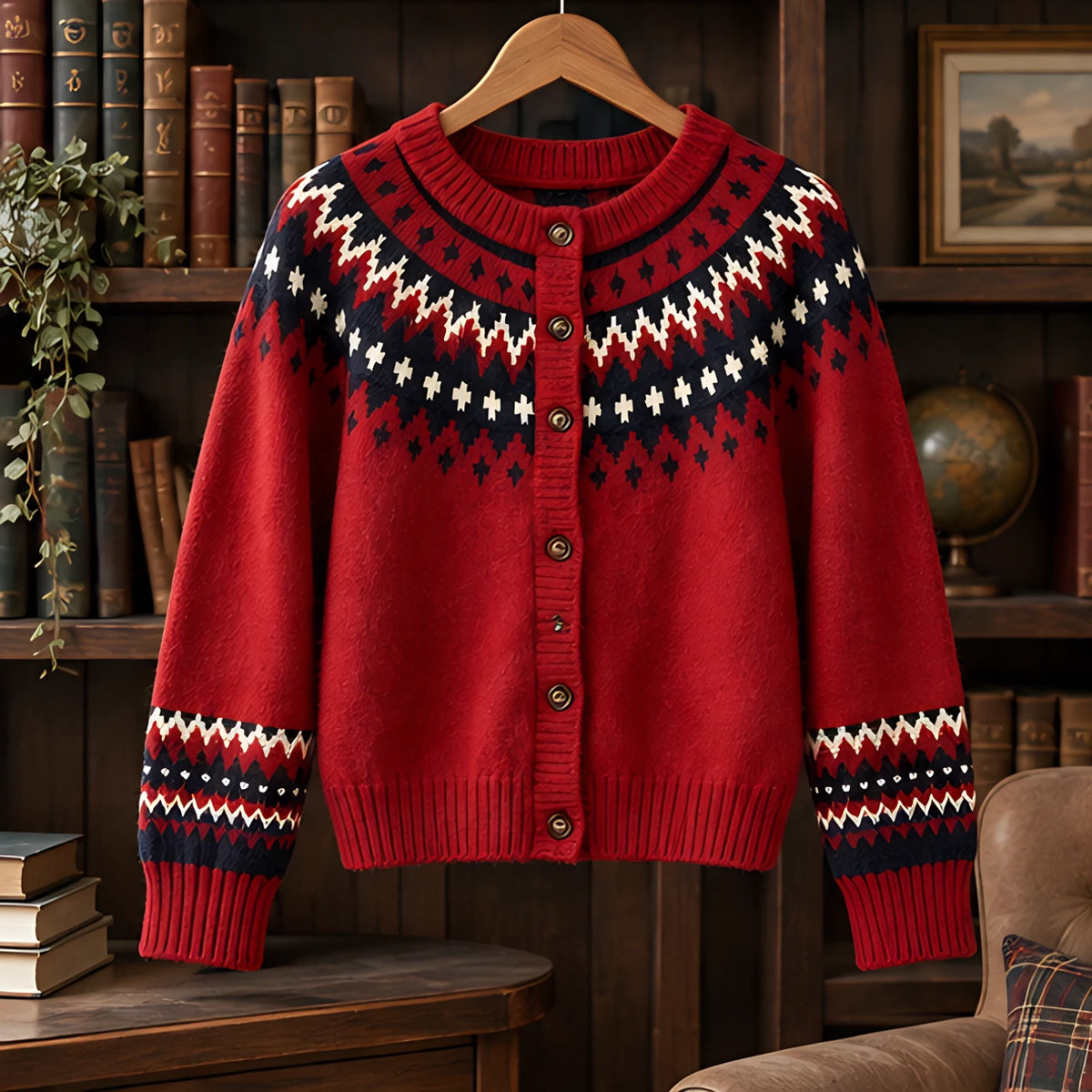 Theodora Women's Fair Isle Yoke Cardigan - Wine - ai-processed - Brondals - Image 3