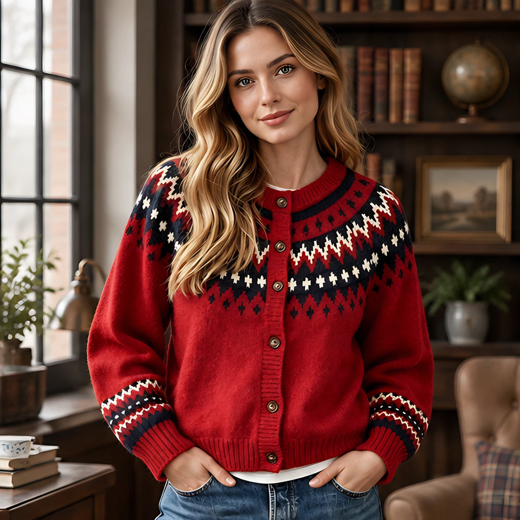 Theodora Women's Fair Isle Yoke Cardigan - Wine - Women's Clothing > Sweaters & Cardigans > Cardigans - Brondals - Image 1