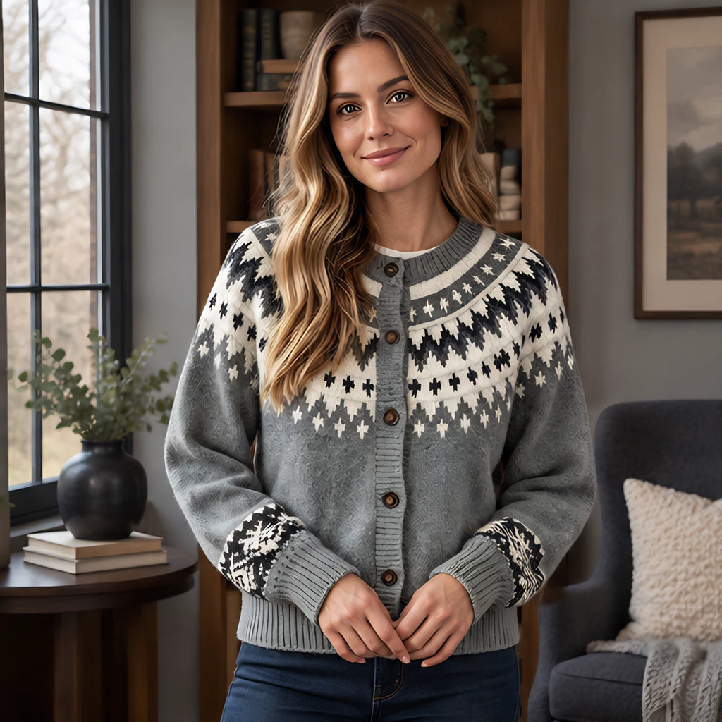 Theodora Women's Fair Isle Yoke Cardigan - Grey - Women's Clothing > Sweaters & Cardigans > Cardigans - Brondals - Image 1